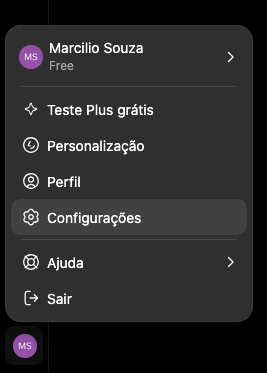 Menu de configurações no ChatGPT