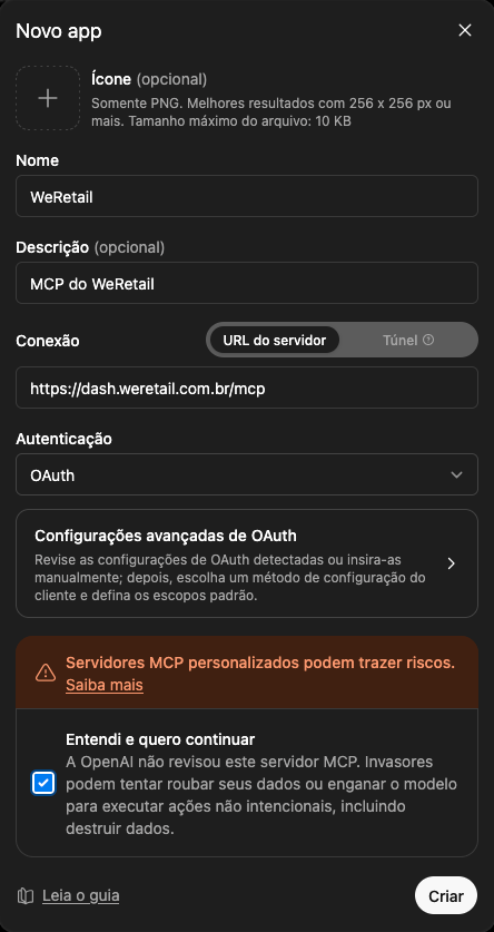 Confirmar criação do aplicativo