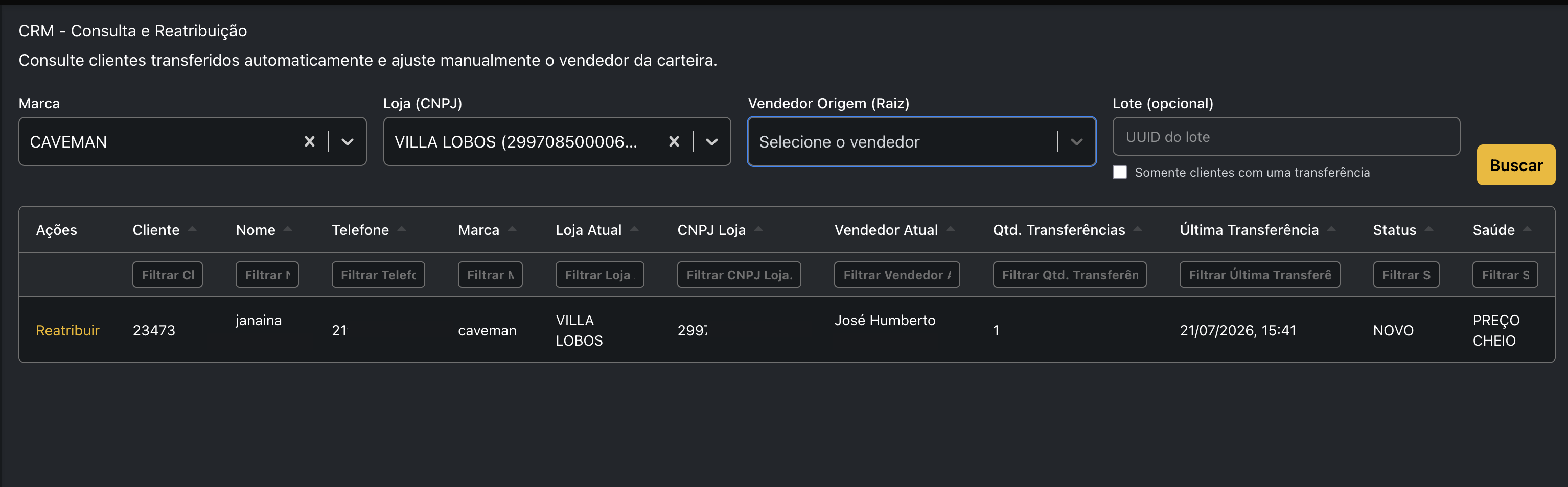 Consulta de clientes para reatribuição